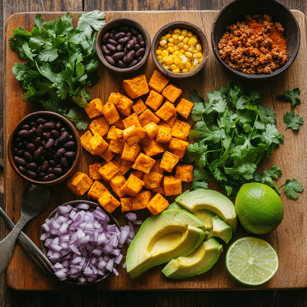 Sweet-potato-taco-bowl-ingredients Ingredients for sweet potato taco bowl