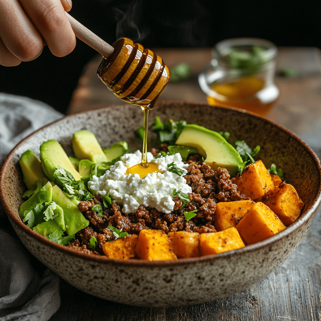 assembling-hot-honey-protein-bowl Roasted sweet potatoes for hot honey bowl