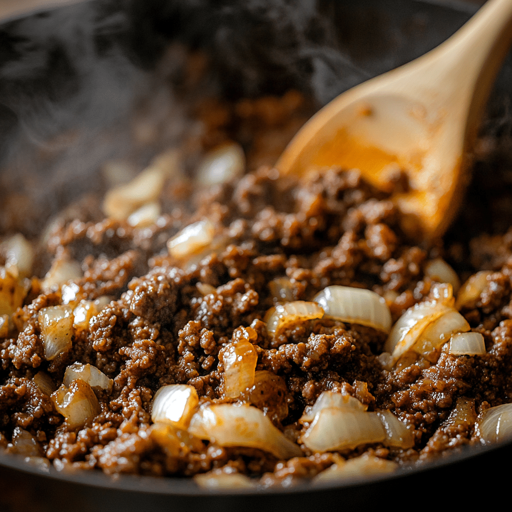 browning-beef-onions-bowtie-pasta browning ground beef and onions in skillet for bowtie pasta recipe