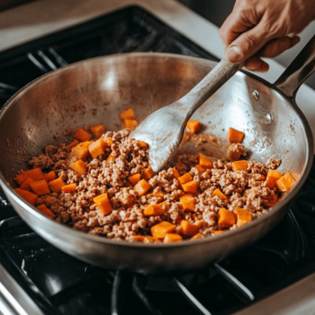 cook-ground-turkey-sweet-potato Cooking ground turkey and sweet potatoes step by step