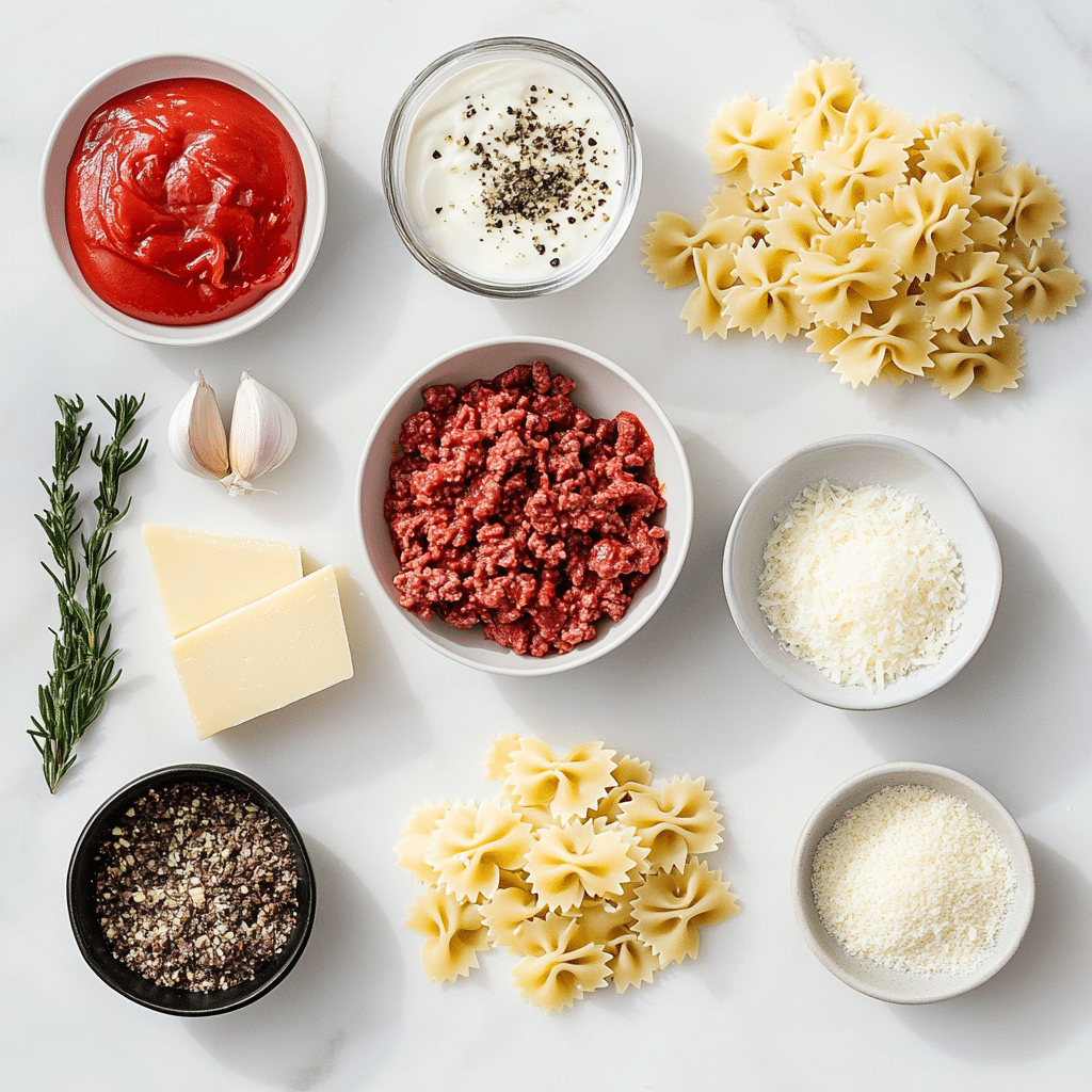 creamy-beef-and-bowtie-pasta-ingredients creamy beef and bowtie pasta ingredients
