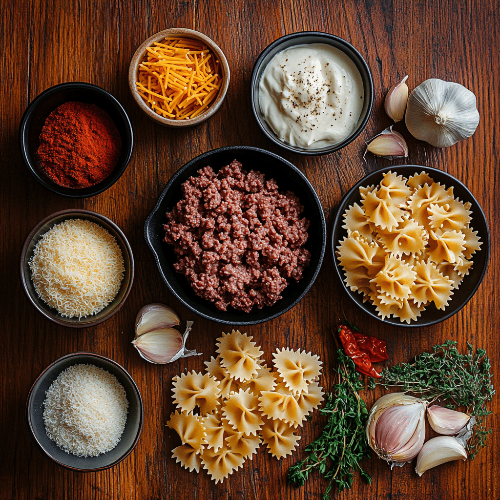 creamy-beef-bowtie-ingredients Ingredients for creamy beef and bowtie pasta