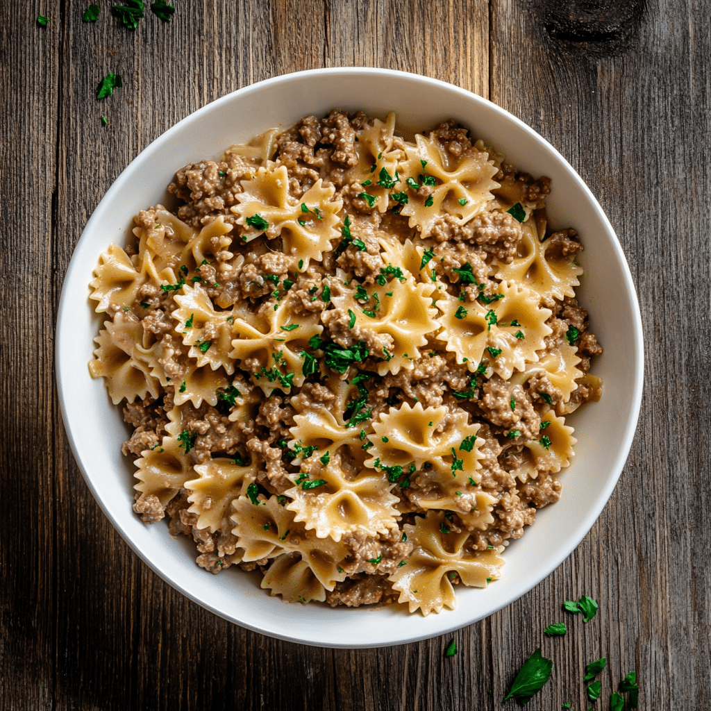 creamy-beef-bowtie-pasta-featured Creamy beef and bowtie pasta in white bowl