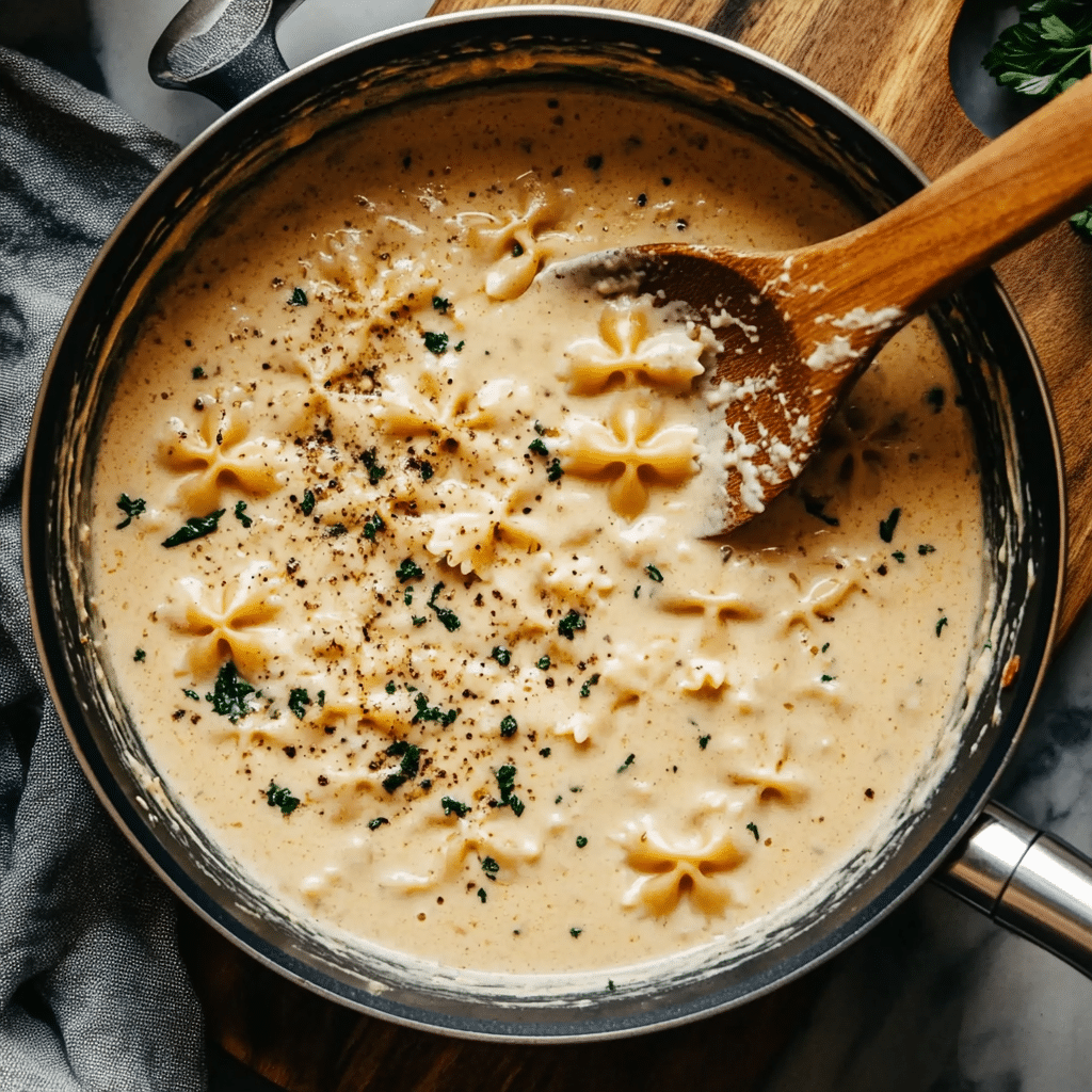 creamy-beef-pasta-sauce-in-pot creamy beef sauce simmering with bowtie pasta in a pot