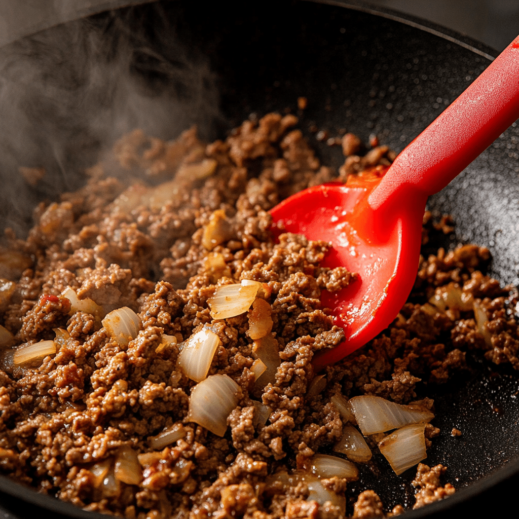 creamy-beef-step1-browning Ground beef, onion, and garlic browning in skillet