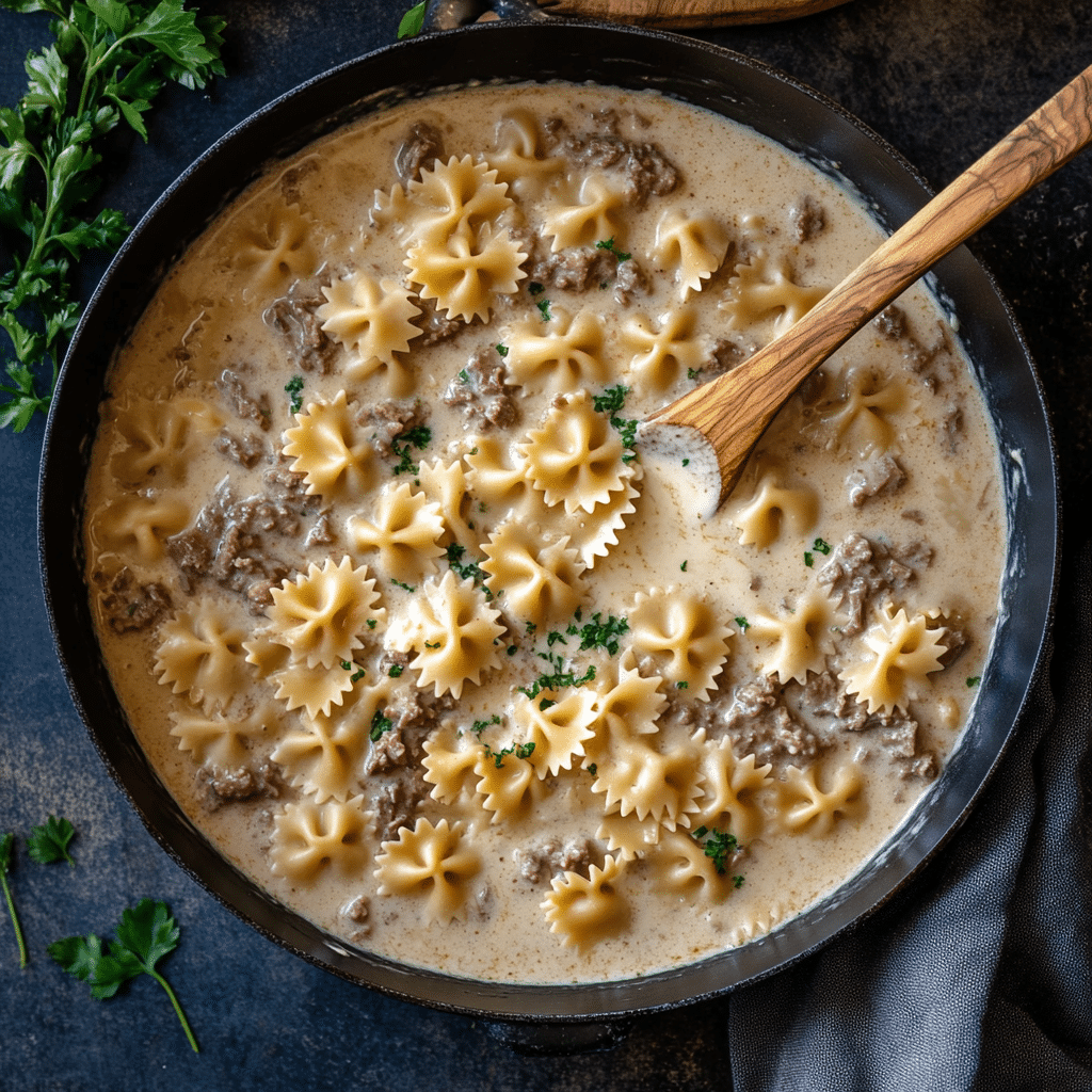 creamy-beef-step2-simmering Pasta cooking in creamy beef broth and cream