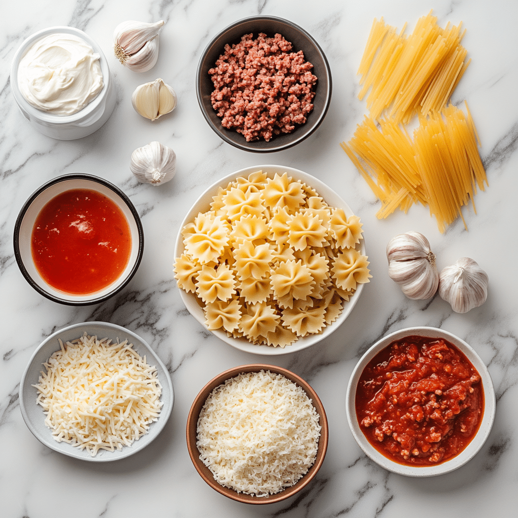 creamy-bowtie-pasta-ingredients-one-pot ingredients for creamy bowtie pasta with beef sauce