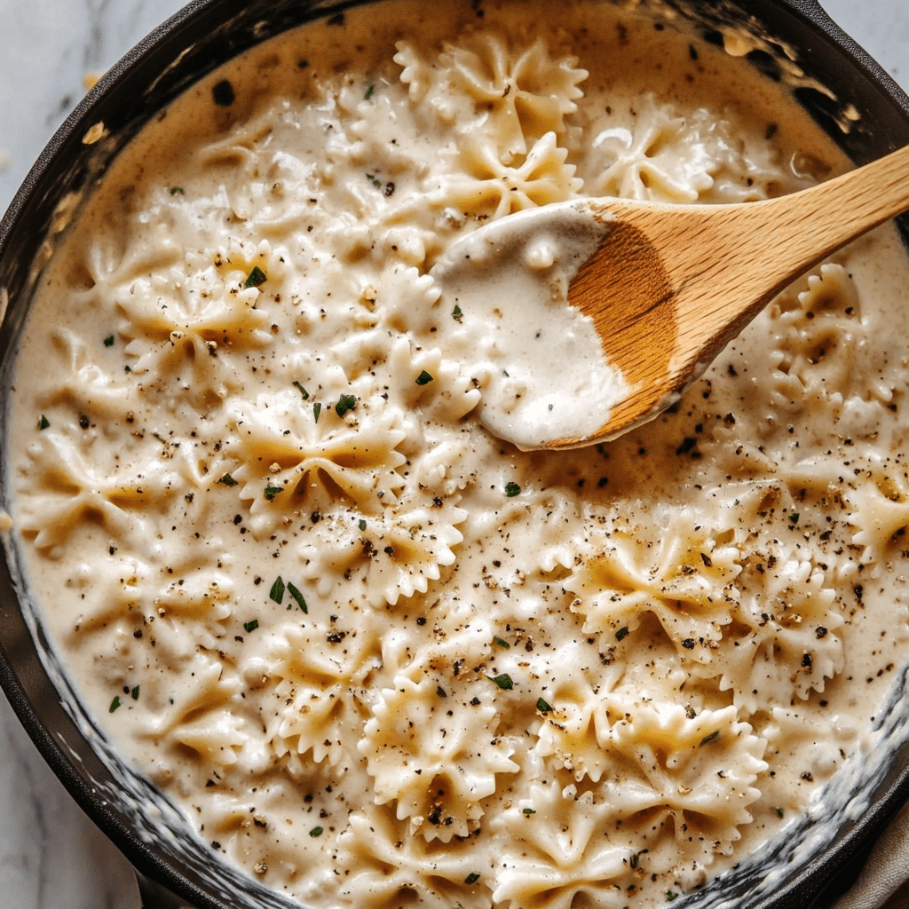 creamy-bowtie-pasta-one-pot-cooking creamy bowtie pasta cooking in skillet one pot