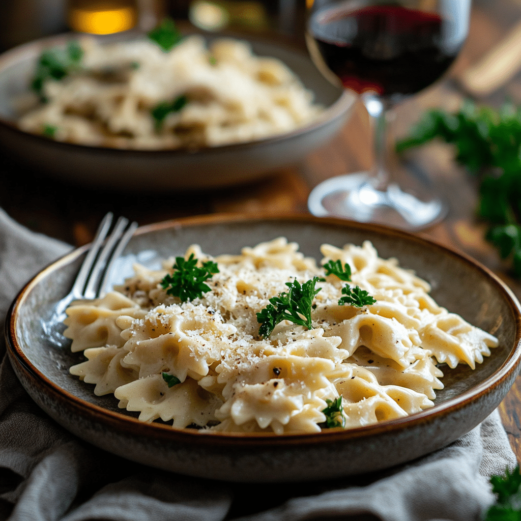 creamy-bowtie-pasta-plated-one-pot creamy bowtie pasta served on plate