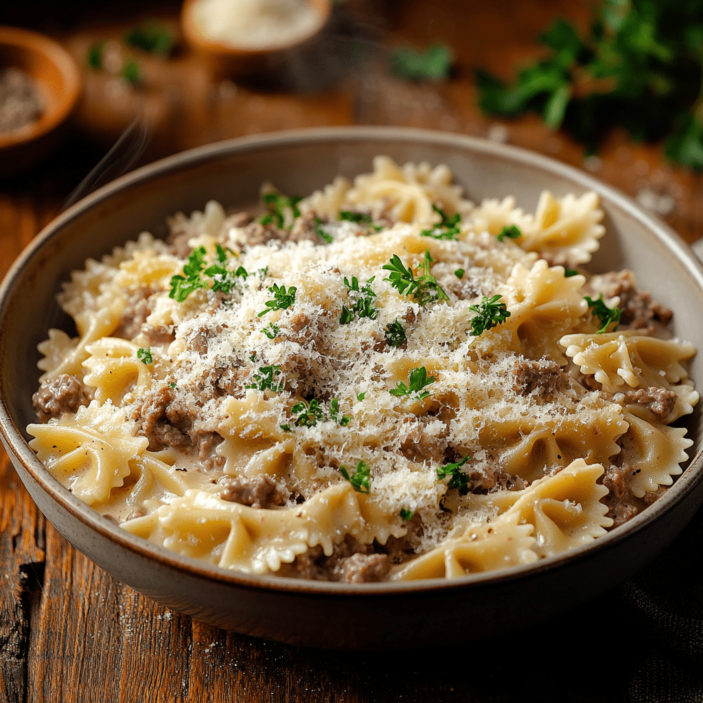 creamy-ground-beef-bowtie-pasta-recipe creamy ground beef and bowtie pasta recipe in a rustic white bowl