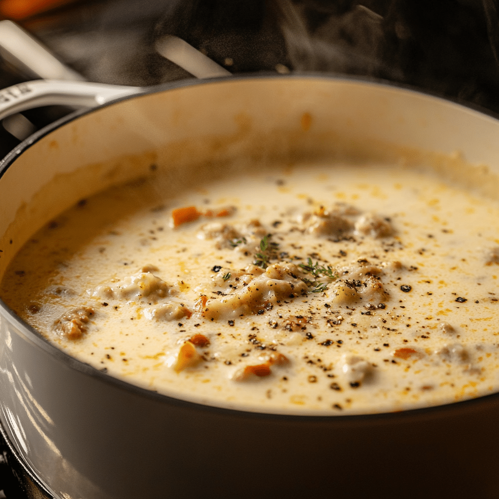 creamy-parmesan-italian-sausage-soup-cooking creamy parmesan sausage soup simmering in pot