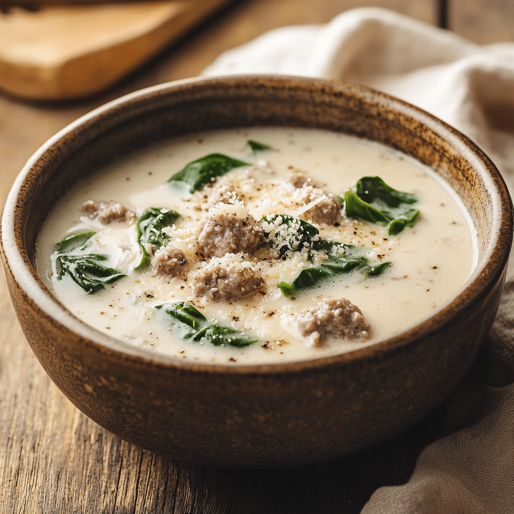 creamy-parmesan-italian-sausage-soup-featured creamy parmesan Italian sausage soup in rustic bowl