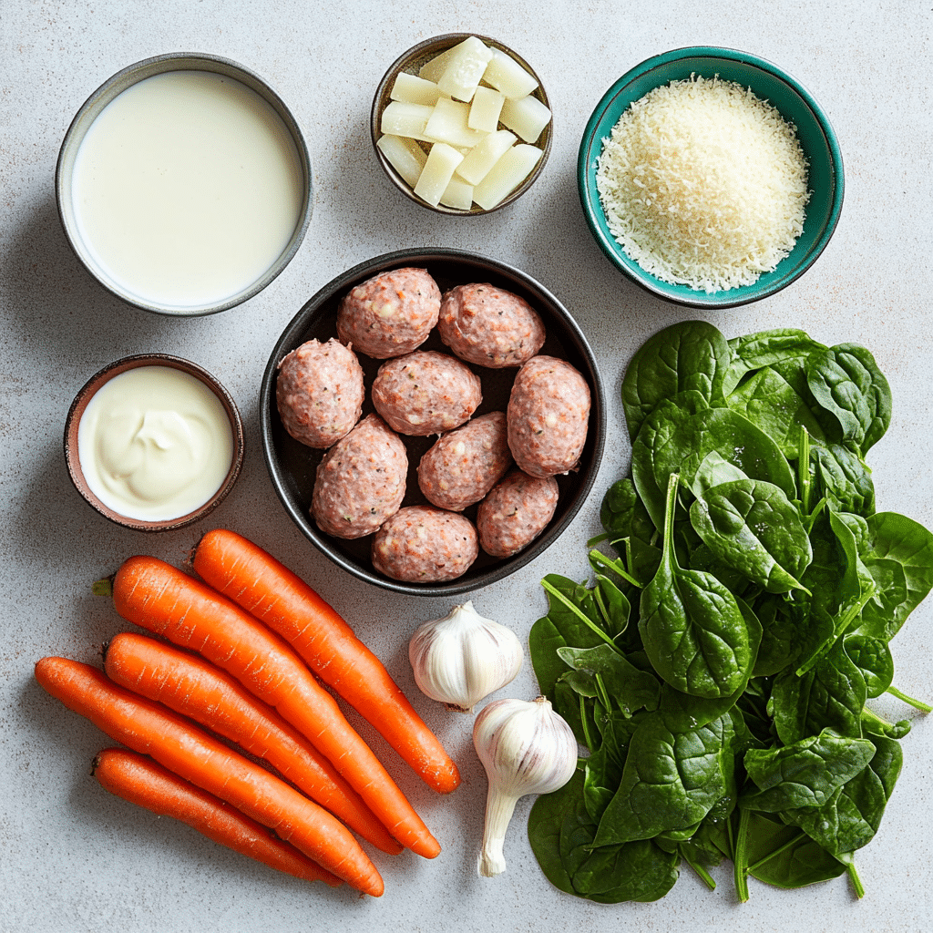 creamy-parmesan-italian-sausage-soup-ingredients ingredients for creamy parmesan Italian sausage soup on countertop