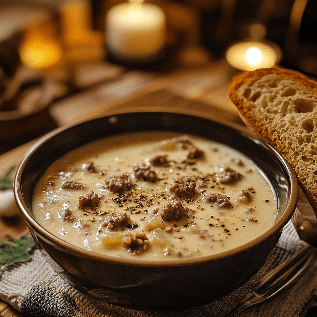 creamy-parmesan-italian-sausage-soup-serving creamy parmesan Italian sausage soup served with bread
