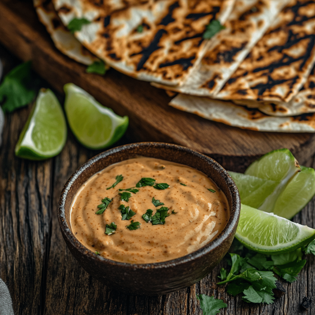 creamy-quesadilla-sauce-featured Creamy quesadilla sauce in bowl with grilled quesadillas
