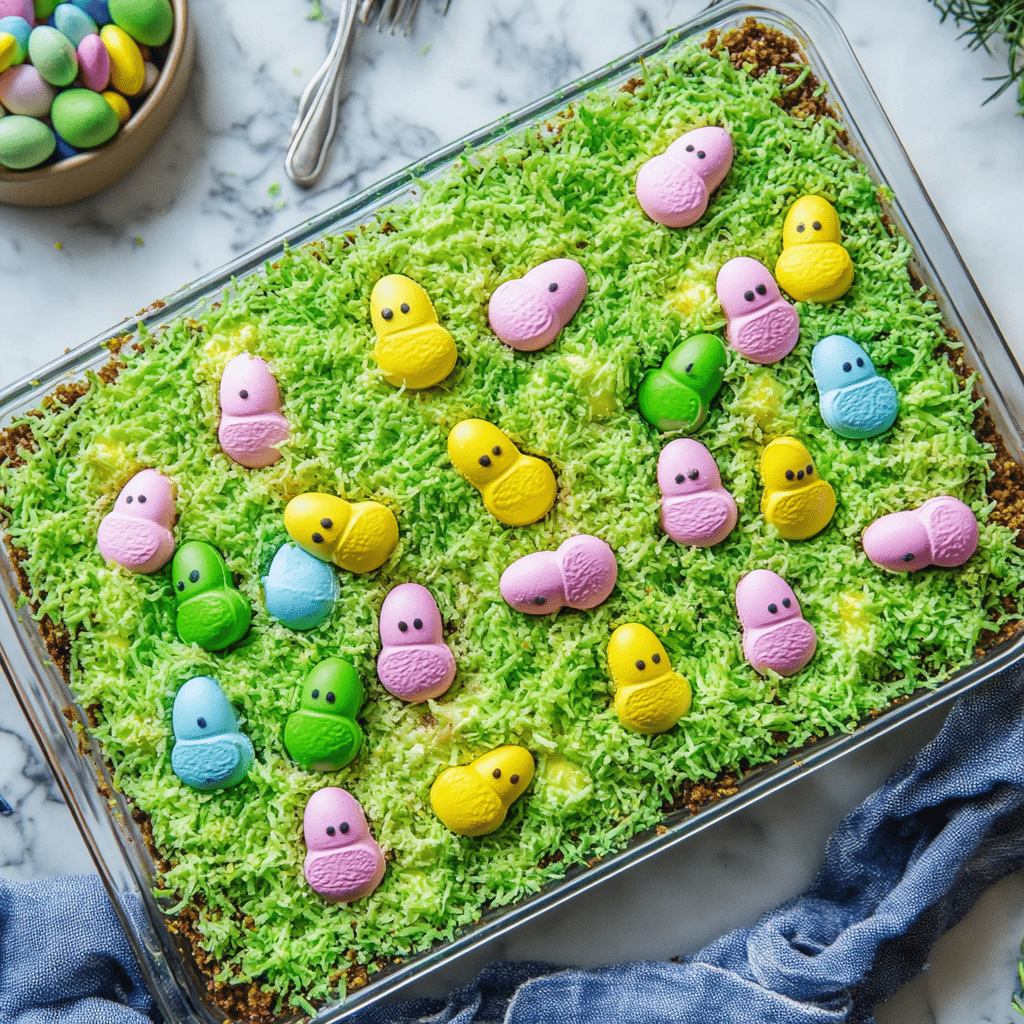 decorating-easter-dirt-cake-casserole Decorated Easter dirt cake casserole with Peeps and green coconut grass
