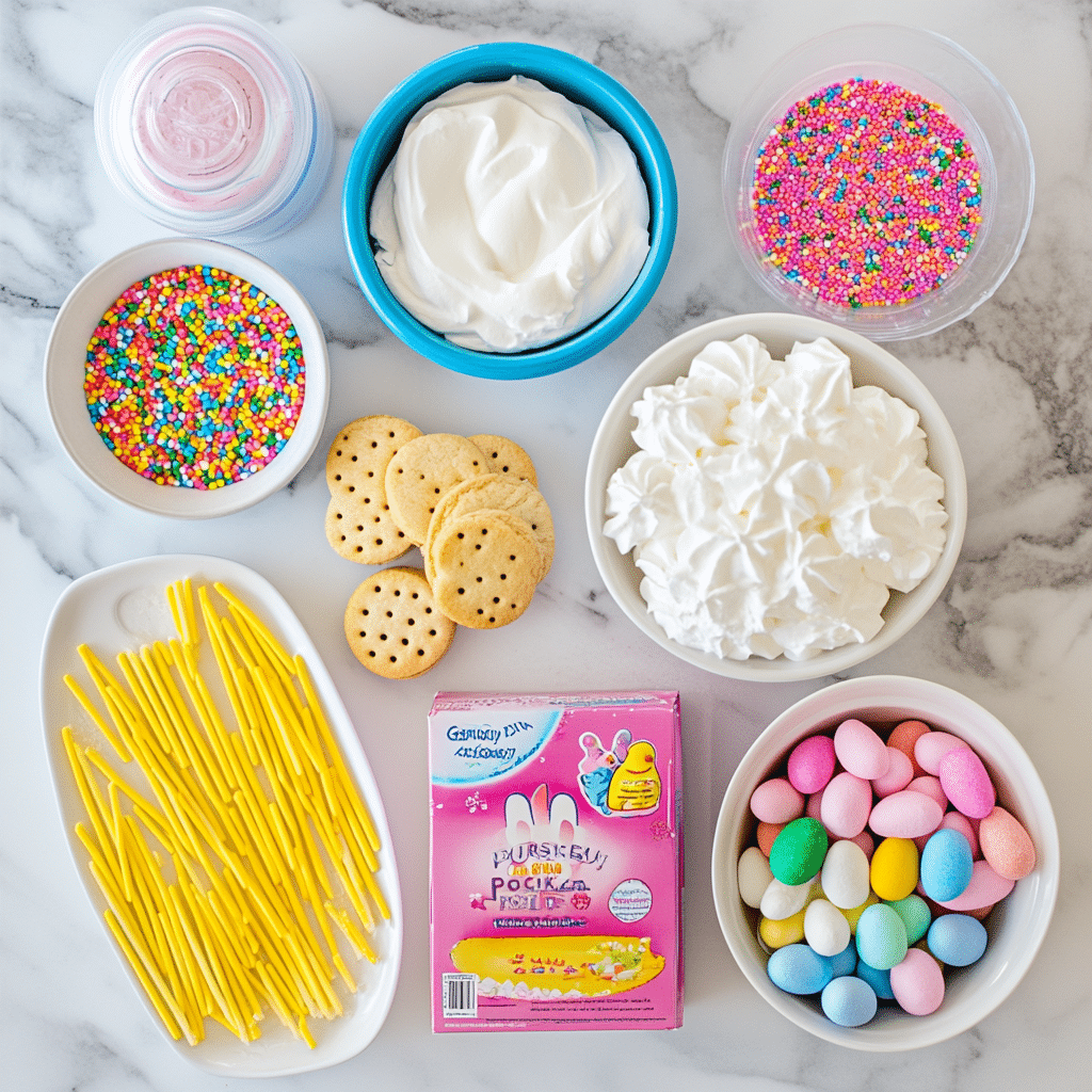 easter-bunny-poke-cake-ingredients Ingredients laid out for making Easter Bunny Poke Cake