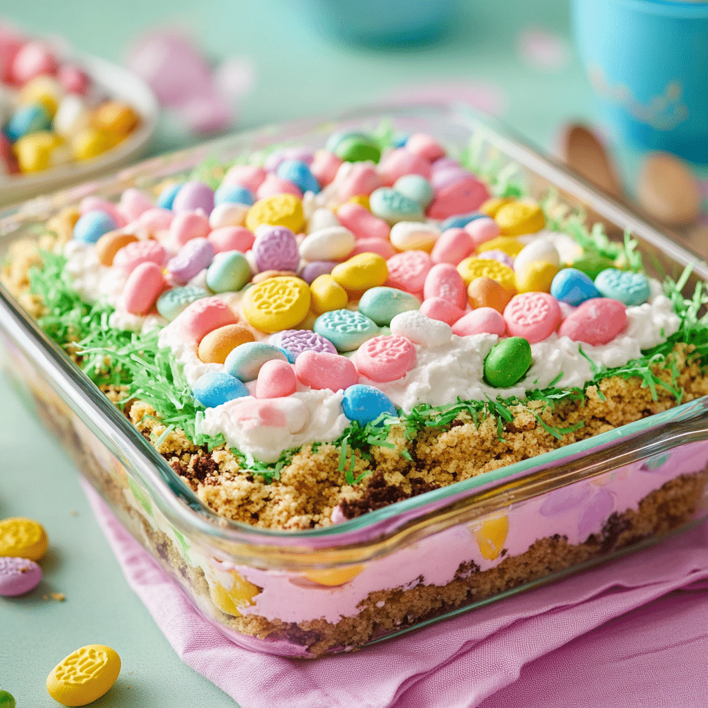 easter-dirt-cake-casserole-featured Easter dirt cake casserole with colorful toppings and coconut grass