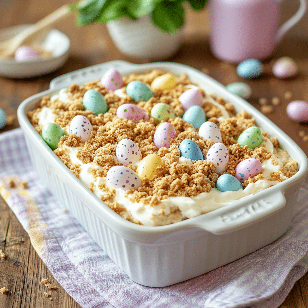 easter-dirt-cake-casserole-featured Easter dirt cake casserole recipe in spring-themed dish