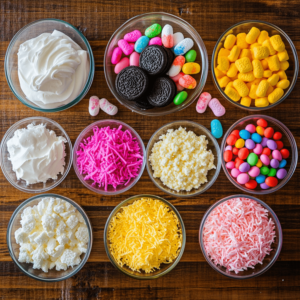 easter-dirt-cake-casserole-ingredients Ingredients for Easter dirt cake casserole including Oreos, pudding, cream cheese, and candy