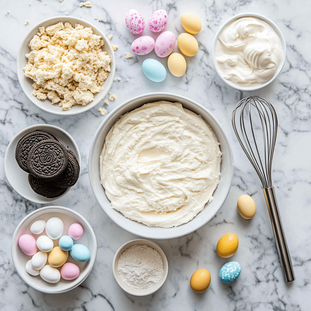 easter-dirt-cake-casserole-ingredients Easter dirt cake casserole recipe ingredients laid out