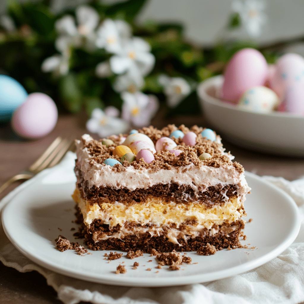 easter-dirt-cake-casserole-serving Slice of Easter dirt cake casserole on a white plate with colorful candy