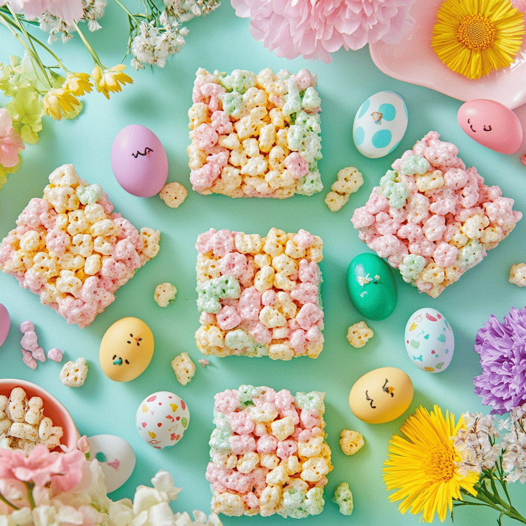 easter-rice-krispie-treats-featured Easter rice krispie treats decorated with pastel candy eggs