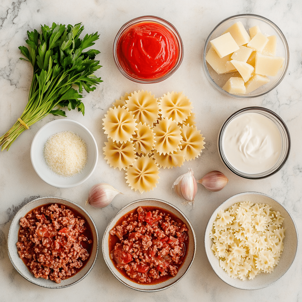 ground-beef-bowtie-pasta-ingredients ingredients for ground beef and bowtie pasta recipe laid out on a kitchen counter