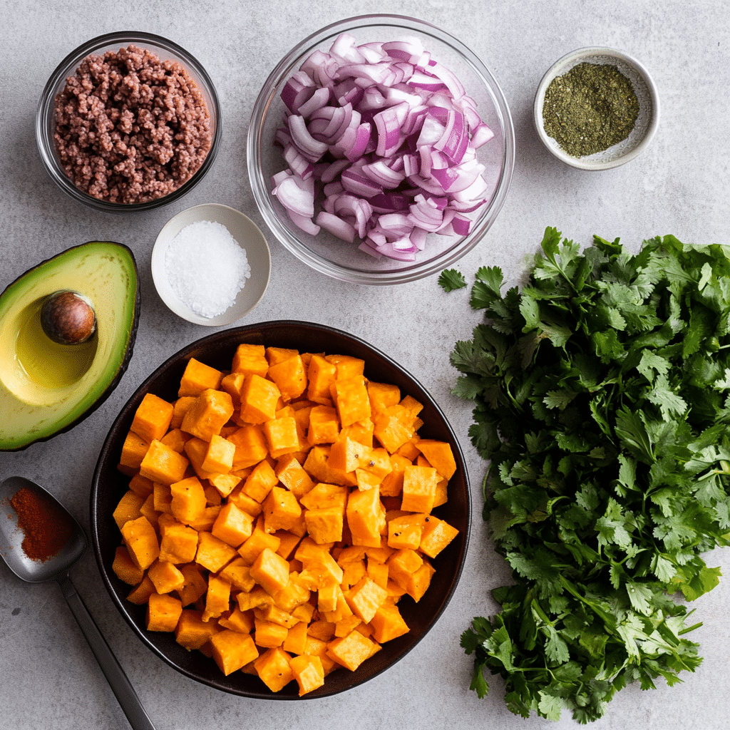 ground-beef-sweet-potato-bowl-ingredients Ingredients for a ground beef sweet potato bowl including sweet potatoes, beef, and seasonings