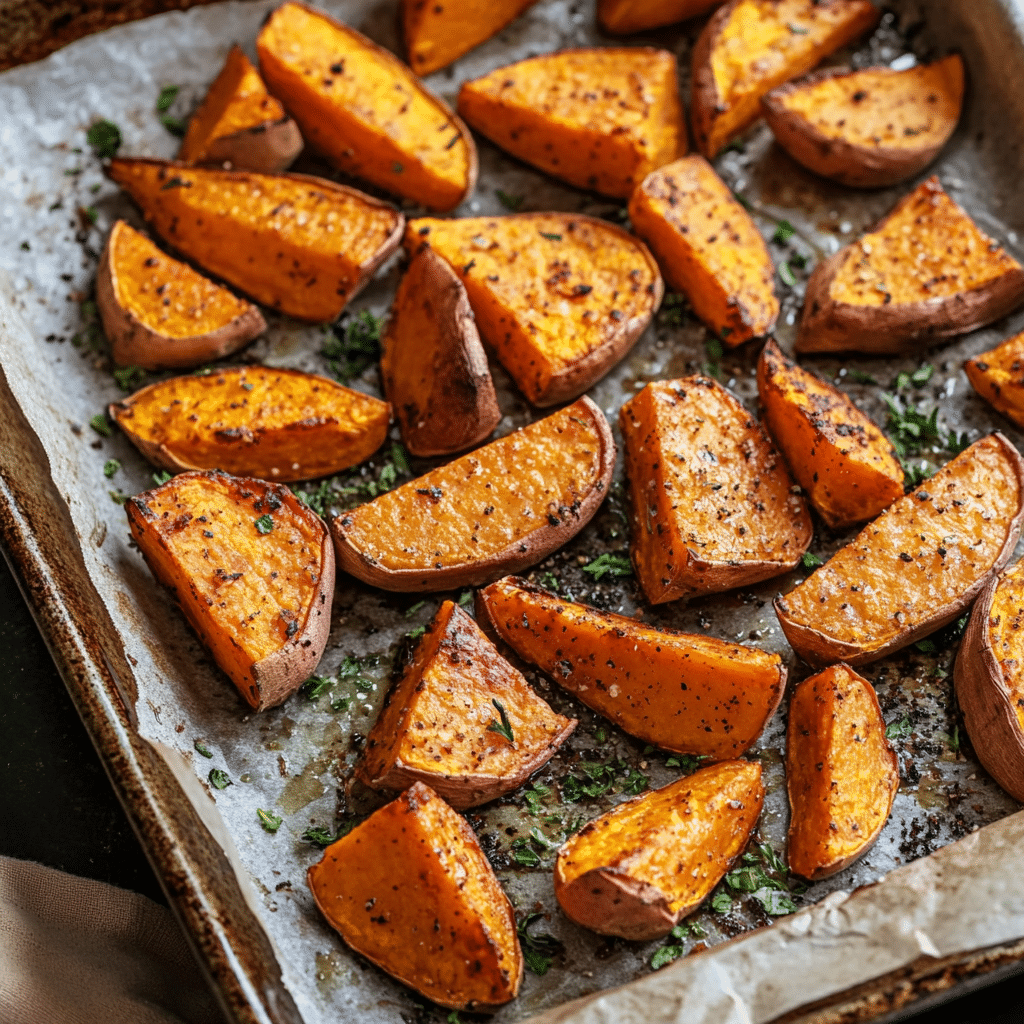 ground-beef-sweet-potato-bowl-roasting Roasted sweet potatoes on baking tray for ground beef sweet potato bowl