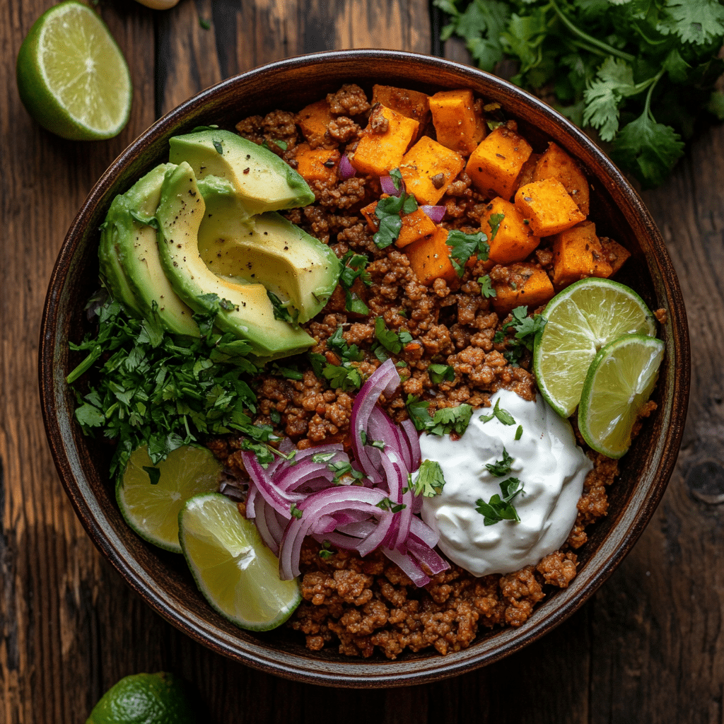 ground-beef-sweet-potato-bowl Ground beef sweet potato bowl with avocado, lime, and yogurt sauce