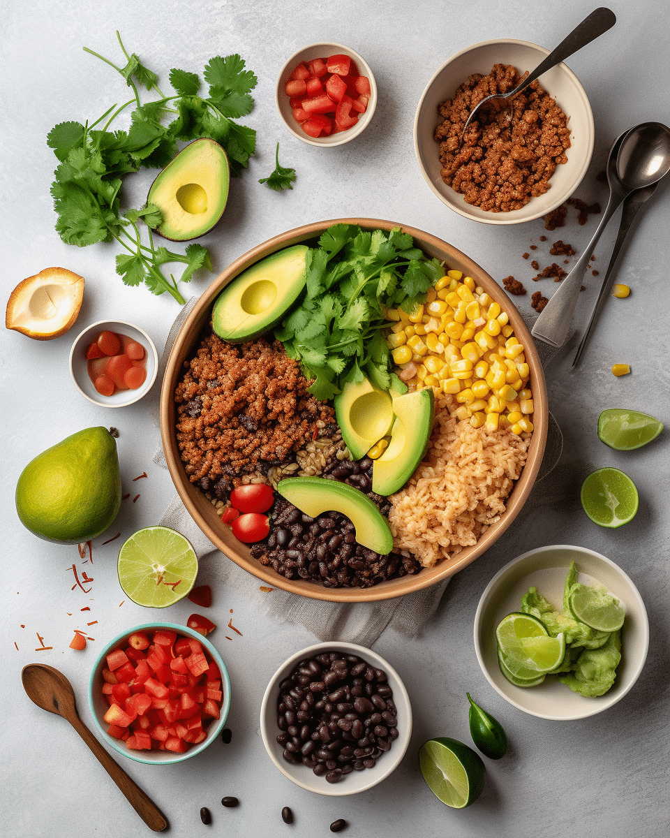 high-protein-taco-bowl-ingredients Ingredients for high protein taco bowl laid out on white background