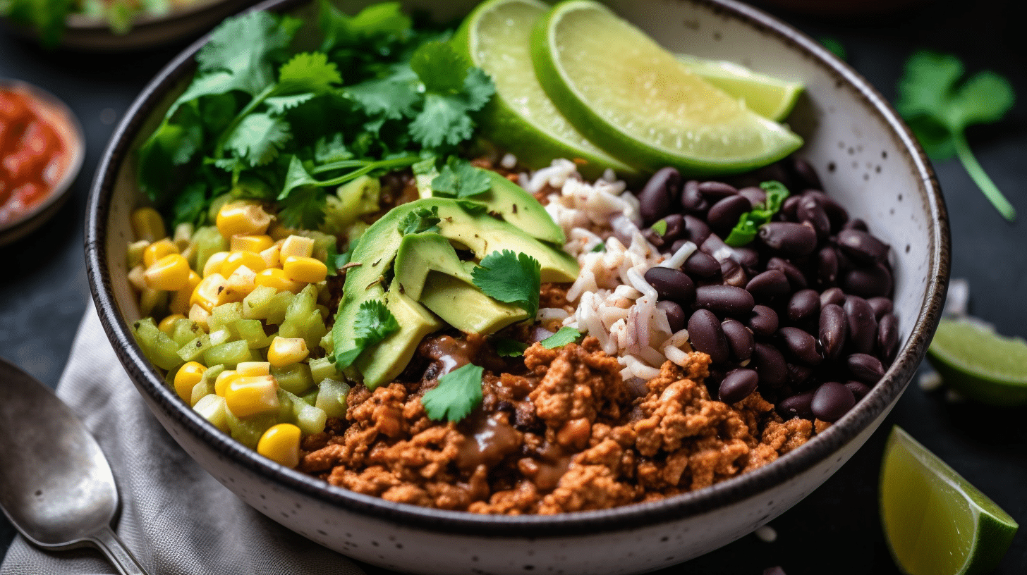 high-protein-taco-bowl-served Finished high protein taco bowl served with lime and cilantro garnish