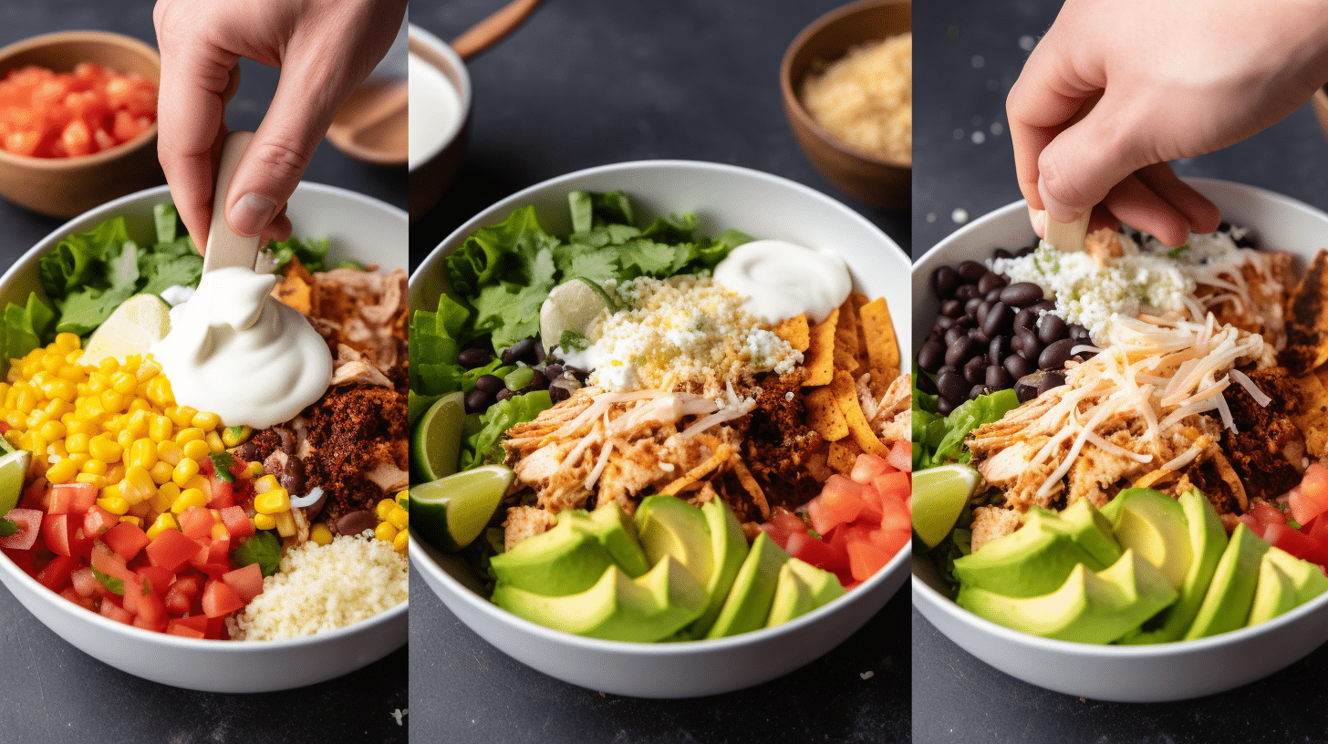 high-protein-taco-bowl-step-by-step Step-by-step assembly of a high protein taco bowl with chicken and quinoa