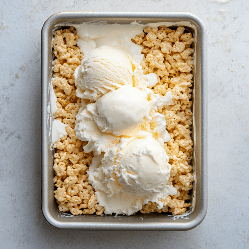 layering-ice-cream layering ice cream onto rice krispie base