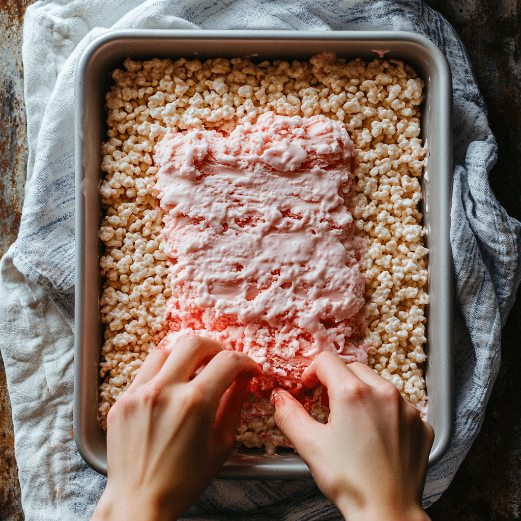making-rice-krispie-ice-cream-sandwich-strawberry Assembling the rice krispie ice cream sandwich strawberry