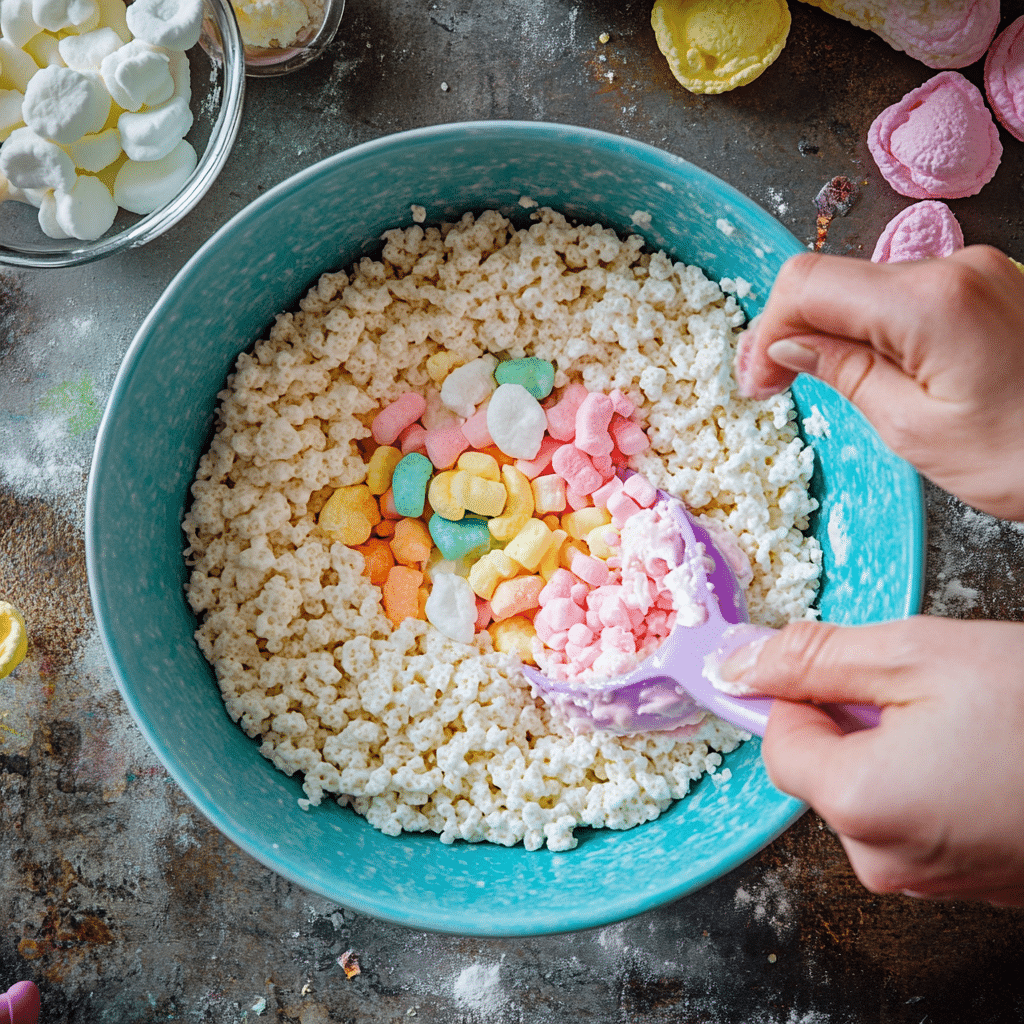 mixing-rice-krispies-step2 Stirring cereal into melted Peeps