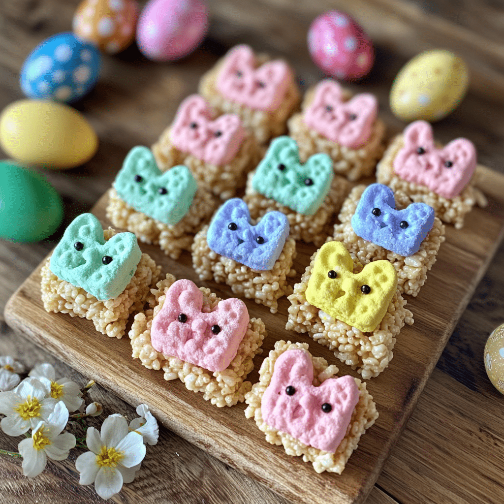 peep-rice-crispy-treats-featured Peep rice crispy treats arranged on tray with Easter decor