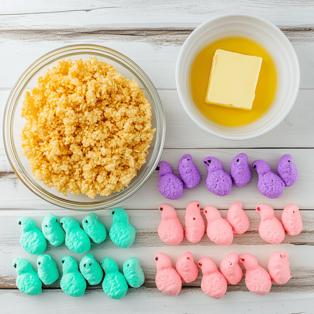 peep-rice-crispy-treats-ingredients Ingredients for Peep Rice Crispy Treats on white surface
