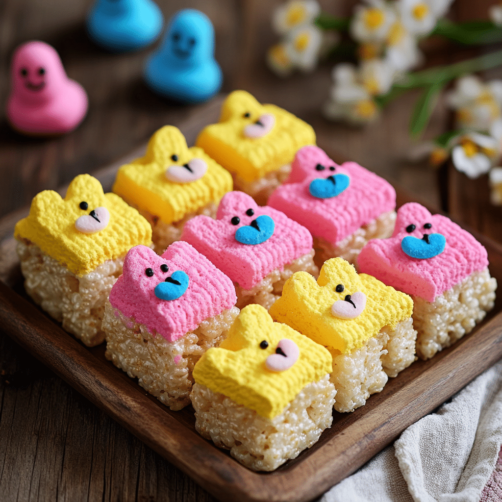 peep-rice-krispie-treat-recipe-featured rice krispie treat recipe layered with colorful Peeps