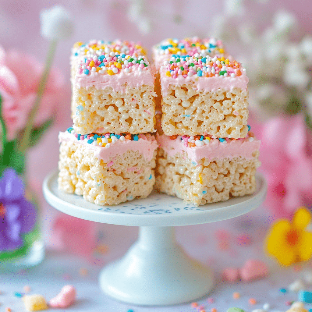 peep-rice-krispie-treats-serving Peeps Rice Krispie Treats on a cake stand