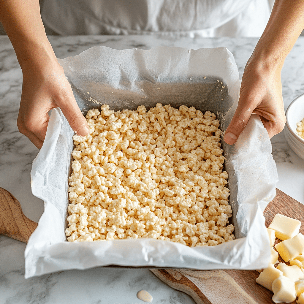 pressing-cereal-layer pressing rice krispie mixture into baking dish
