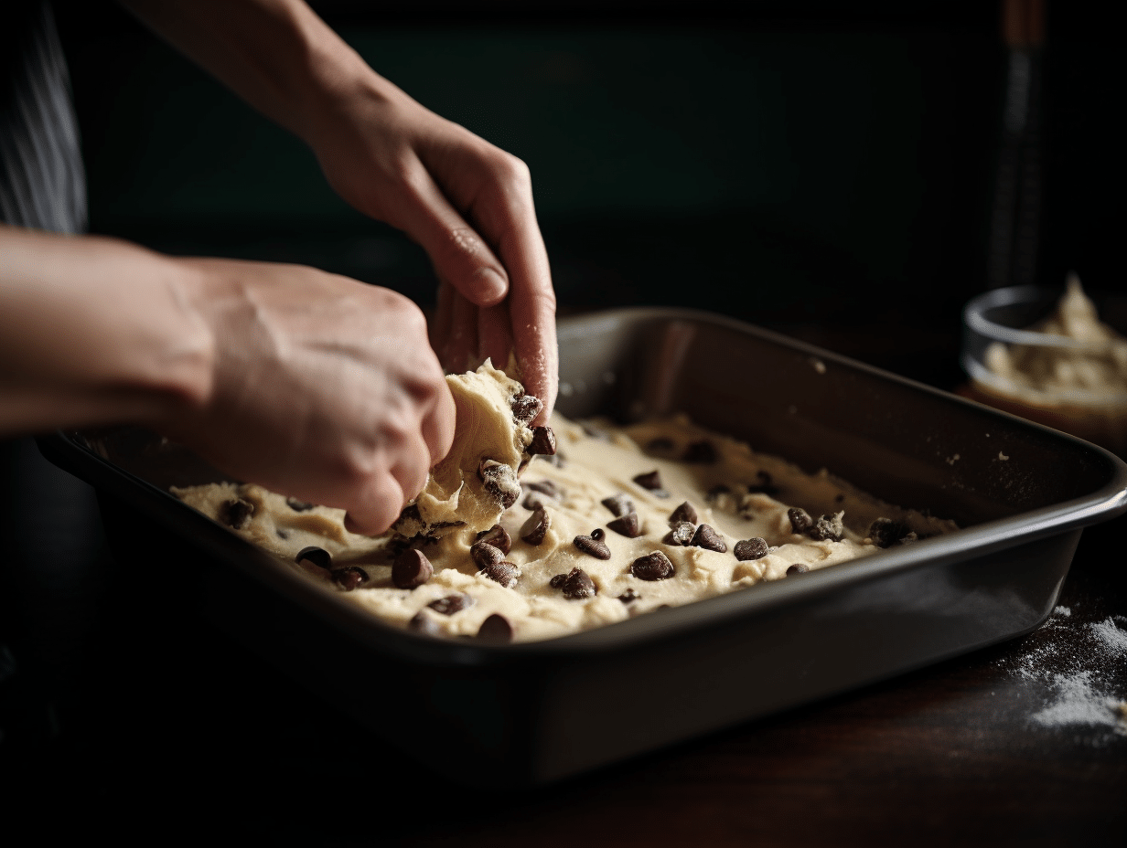 pressing-dough-into-pan-cookie-bars Spreading cookie bar batter in pan