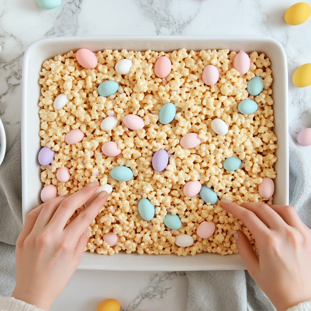 pressing-easter-krispie-bars Pressing rice krispie mix with candy into pan