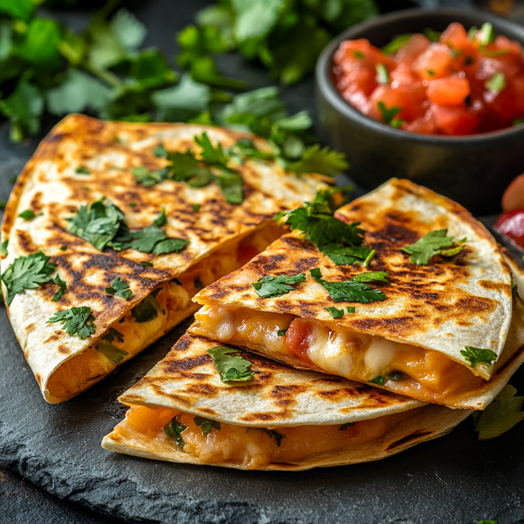quesadilla-sauce-serving Quesadillas served with creamy sauce and salsa