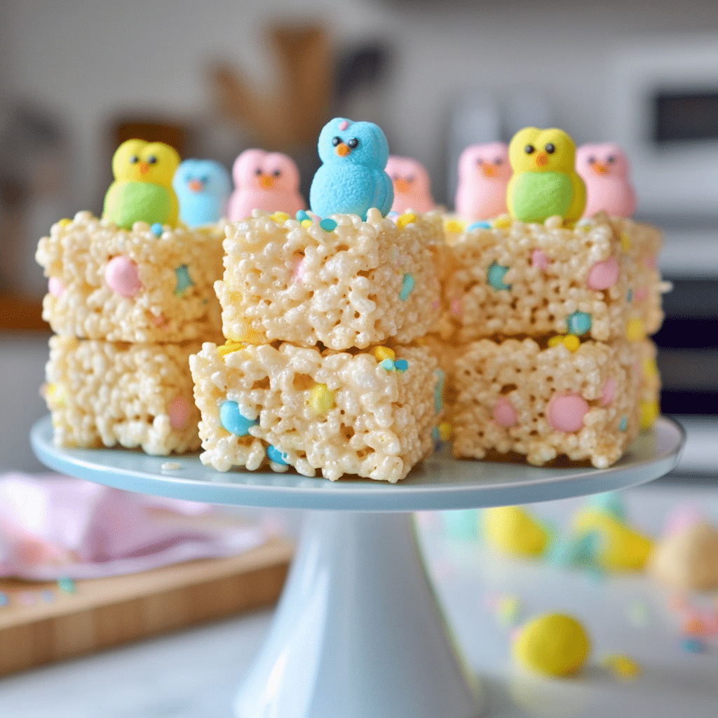 rice-crispy-treats-with-peeps-serving Rice crispy treats with Peeps served and sliced