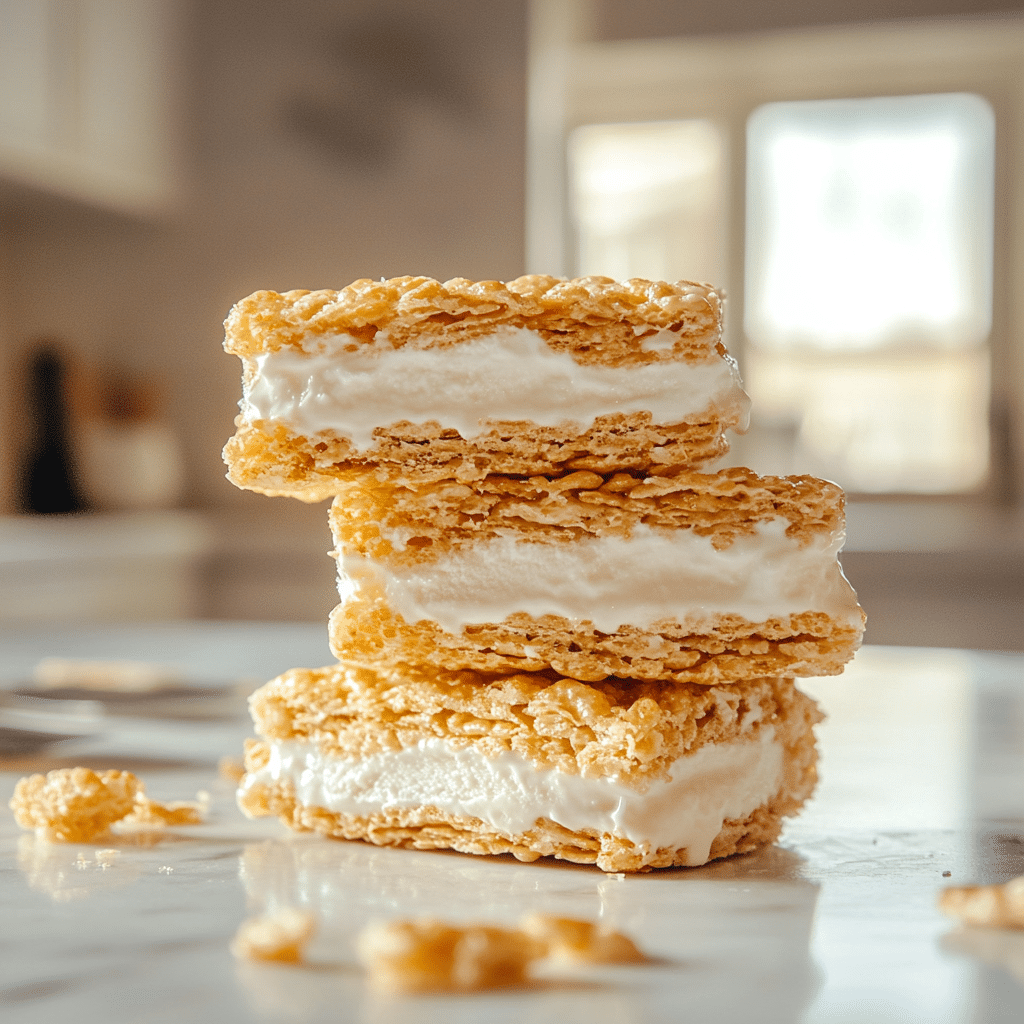 rice-krispy-treat-ice-cream-sandwich-featured rice krispy treat ice cream sandwich on kitchen counter