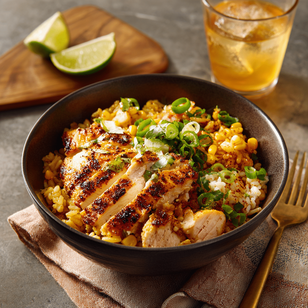serving-street-corn-chicken-rice-bowl Served street corn chicken rice bowl ready to eat