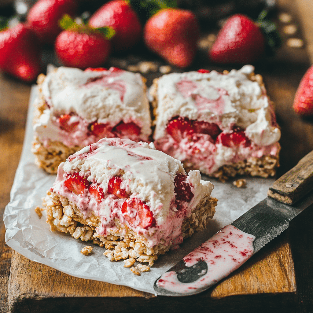sliced-rice-krispie-ice-cream-sandwich-strawberry Served strawberry rice krispie ice cream sandwich squares