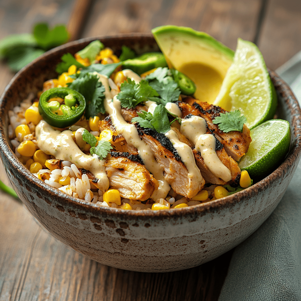 street-corn-chicken-rice-bowl-featured Street corn chicken rice bowl with creamy corn, avocado, and cilantro